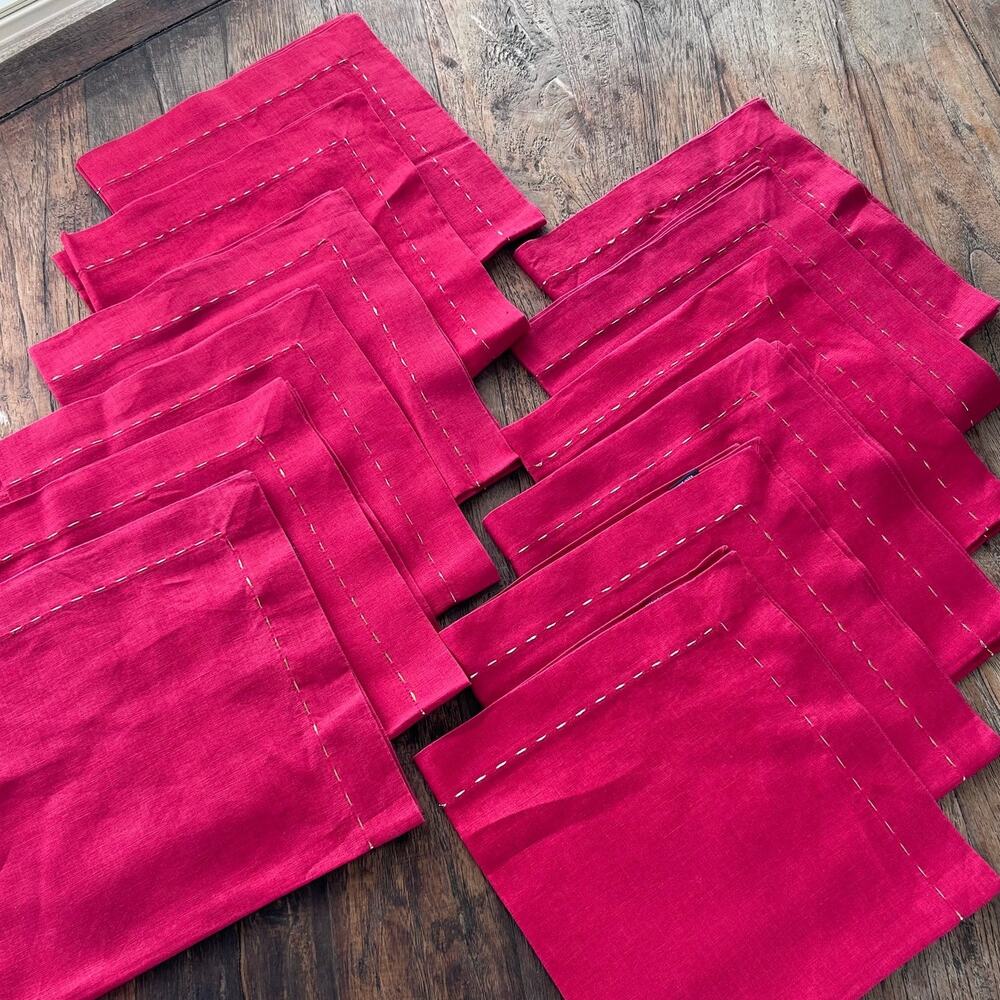 Kim Seybert Set Of 12 Red Napkins with Gold Running Stitch